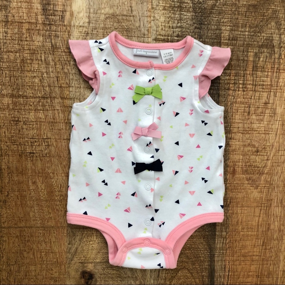 Adorable pink, navy and green onesie with bows